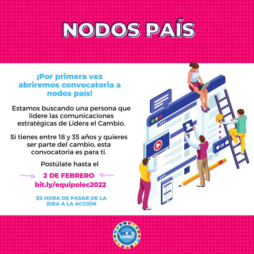 LideraCambio's tweet photo. Por primera vez abrimos #convocatoria a NODOS PAÍS en Lidera el Cambio. Jóvenes líderes que representen a Lidera el Cambio en las diferentes países, diferentes a Colombia.

Si cumples con los requerimientos aplica hasta el 2 de febrero en https://t.co/4j6vHNiLlz https://t.co/OVDCC0nMbW