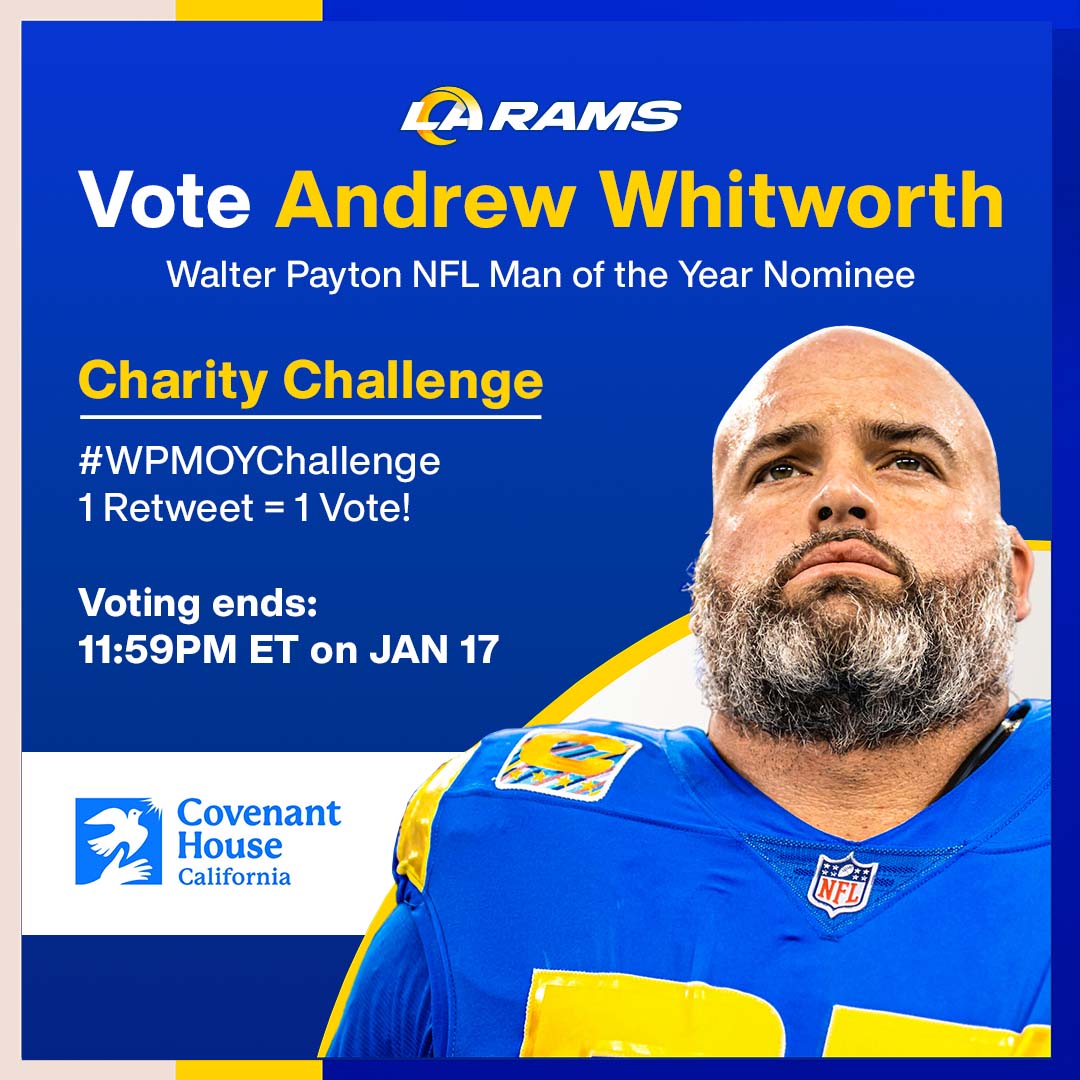 Covenant House Family and Friends, lets help Andrew Whitworth win the NFL’s Walter Payton Man of the Year Award for his incredible community impact! Retweet this post to Vote! #WPMOYChallenge + Whitworth