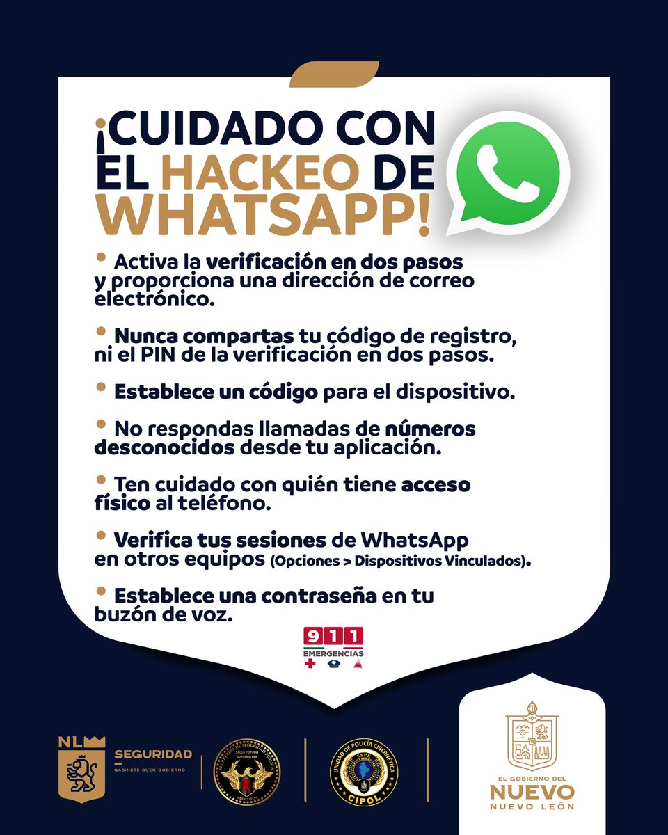 cipolnl's tweet photo. Los reportes de WhatsApp hackeado a nuestras redes, han aumentado en los últimos días. Te compartimos algunas recomendaciones para evitar el hackeo a tu cuenta.

⚠️ Si fuiste víctima de hackeo en tu WhatsApp, repórtalo con nosotros. 

#SeguridadSomosTodos 
#LaNuevaFuerzaEsLoCivil https://t.co/6ID38Xgxrg