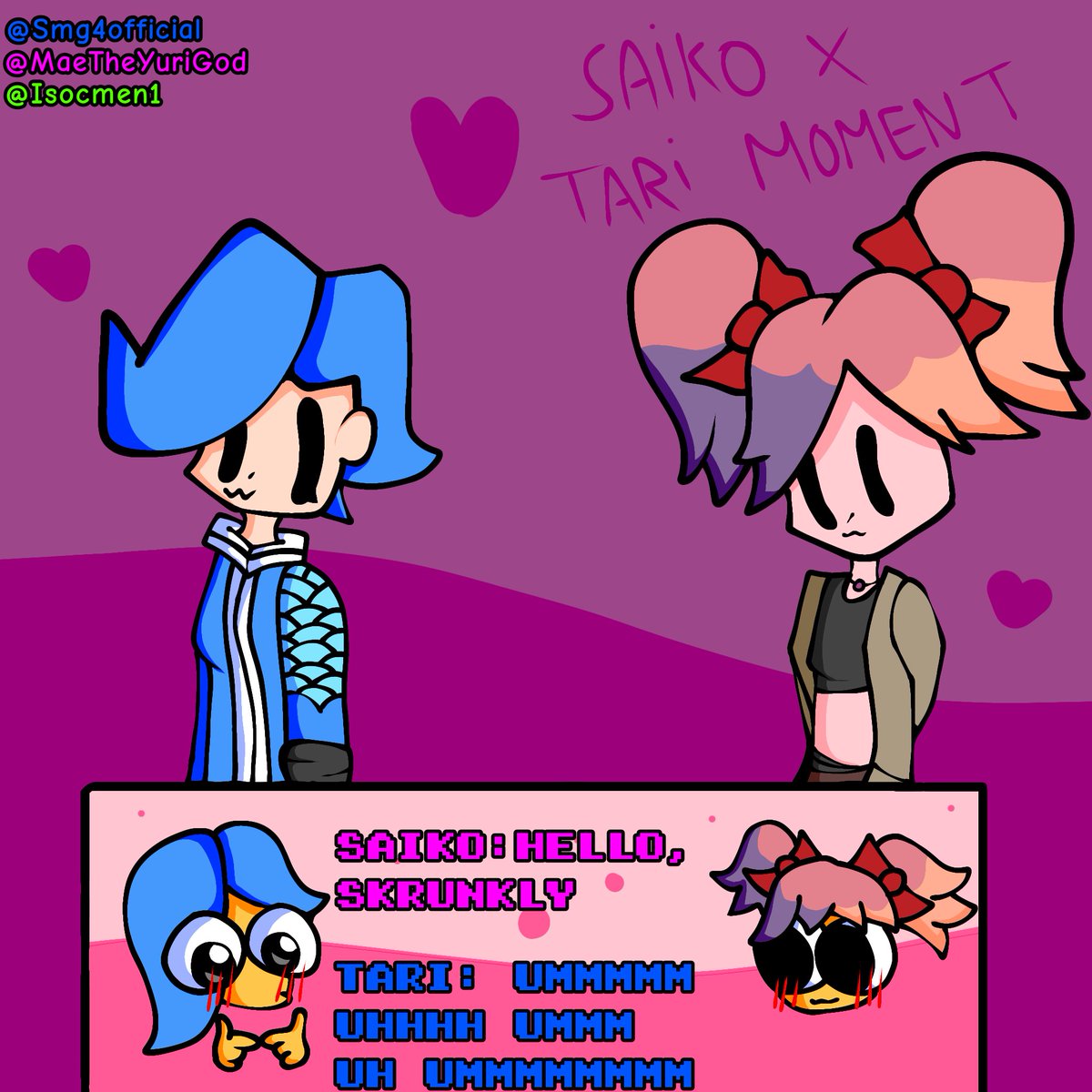 ANOTHER Saiko x Tari fanart for my friend @MaeTheYuriGod / @SaikoXTari :)

This time i tried a dating simulator thing, Hope you like It :D

Saiko and Tari are made by @smg4official 

#art #draw #fanart #smg4fanart #smg4art #SMG4 #smg4saiko #smg4tari #ship #boat