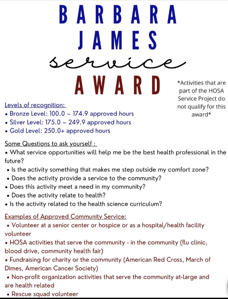 Do you spend a lot of time volunteering in your community? If so, we recommend that you participate in our Barbara James Service Award event! This award aims to inspire members to be proactive future health professionals. Take a look at the guidelines at hosa.org