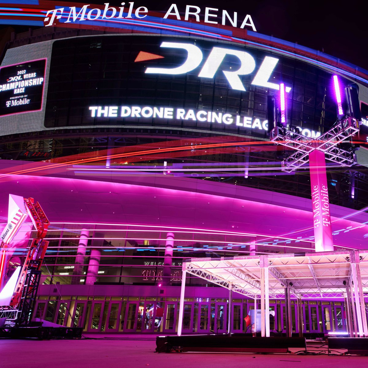 DroneRaceLeague's tweet photo. If you are coming to the DRL Vegas Championship Race presented @TMobile tonight use #DRLVegas request songs and for a chance to be featured on the large screen outside of @TMobileArena #CES2022 https://t.co/a5gQ8A2gqH