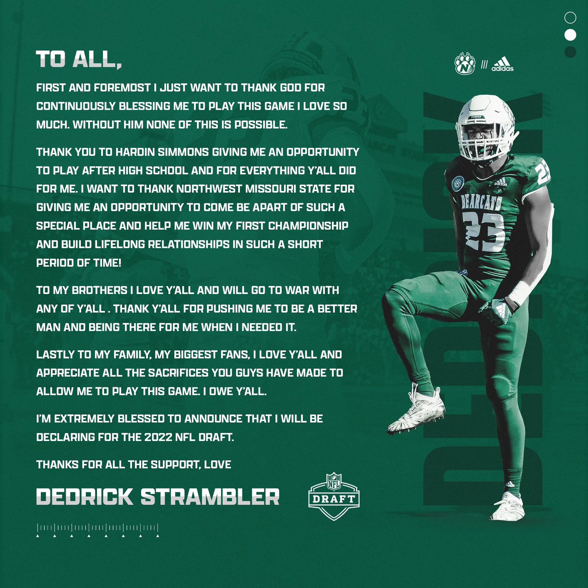 D_Stram's tweet photo. DREAM CHASING 🖤
ALL GLORY TO GOD🙏🏽
Thank you @NWBearcat_FB OABAAB‼️ https://t.co/lgNz80p8w3