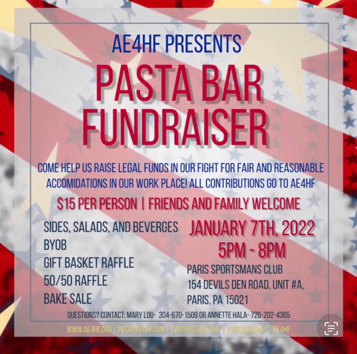 AE4HF's tweet photo. Can’t travel to France?? Come to Paris, Pa for Pasta and Fun! Friday, Jan 7 to support @AE4HF in our fight for Civil Rights. #jabs4jobs https://t.co/rfc60hn6g0