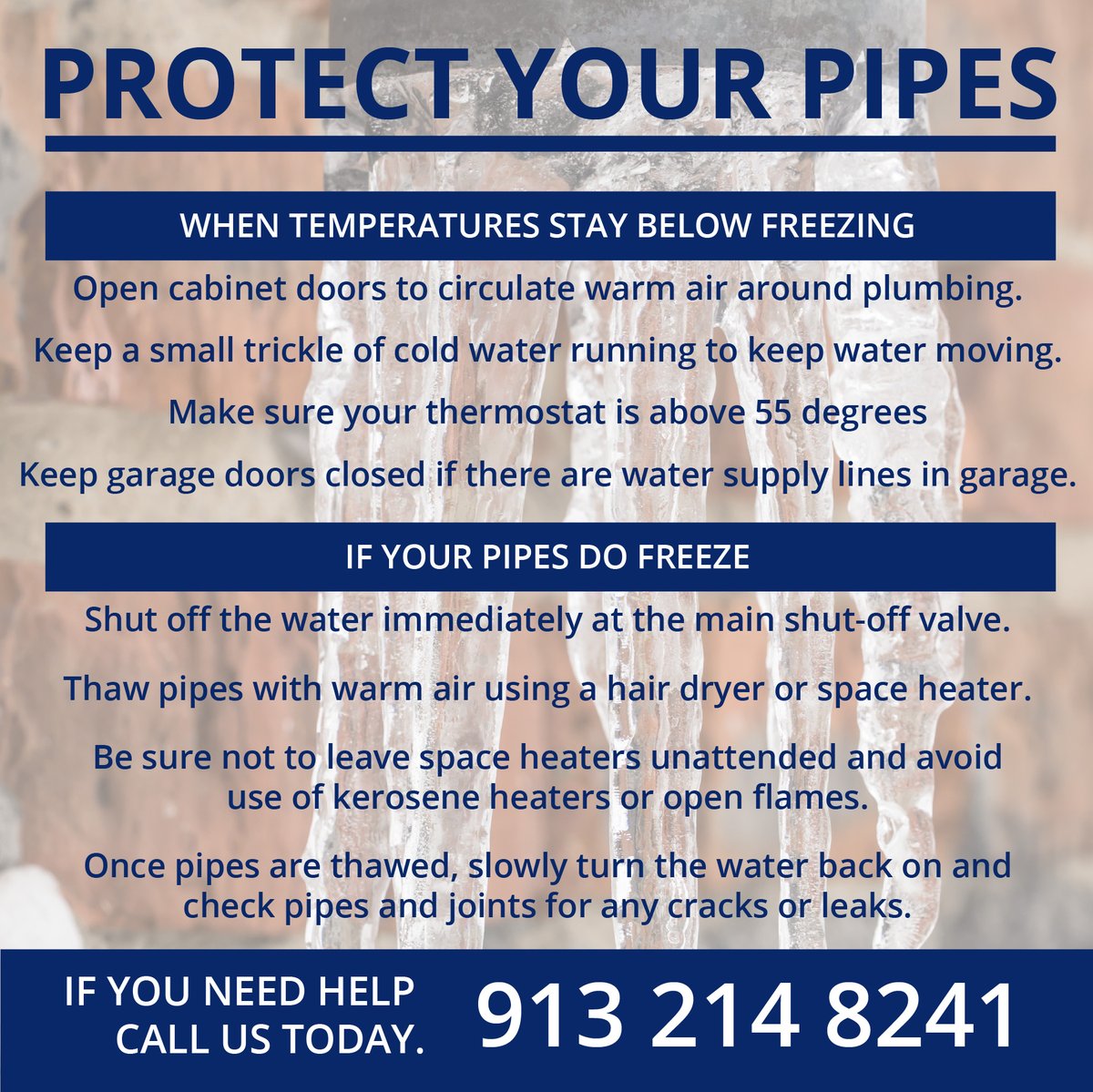 PolestarKC's tweet photo. Before the onset of cold weather and incoming snow tonight, be sure to prevent freezing of water supply lines and pipes by following these recommendations. If you have an emergency, give us a call and we will be right out. #staysafe #staywarm #kansascity https://t.co/kukCXJqWhJ