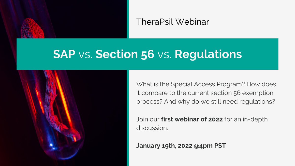 TheraPsil's tweet photo. So what do changes to the #SpecialAccessProgram actually mean? How does the SAP compare to sec.56 exemptions? & Do we still need regulations?
Join us for our first webinar of the year, January 19th @ 4pm PST for an in-depth discussion.
Register here: https://t.co/3MuHxgaw5u https://t.co/i1QMZaZSyv