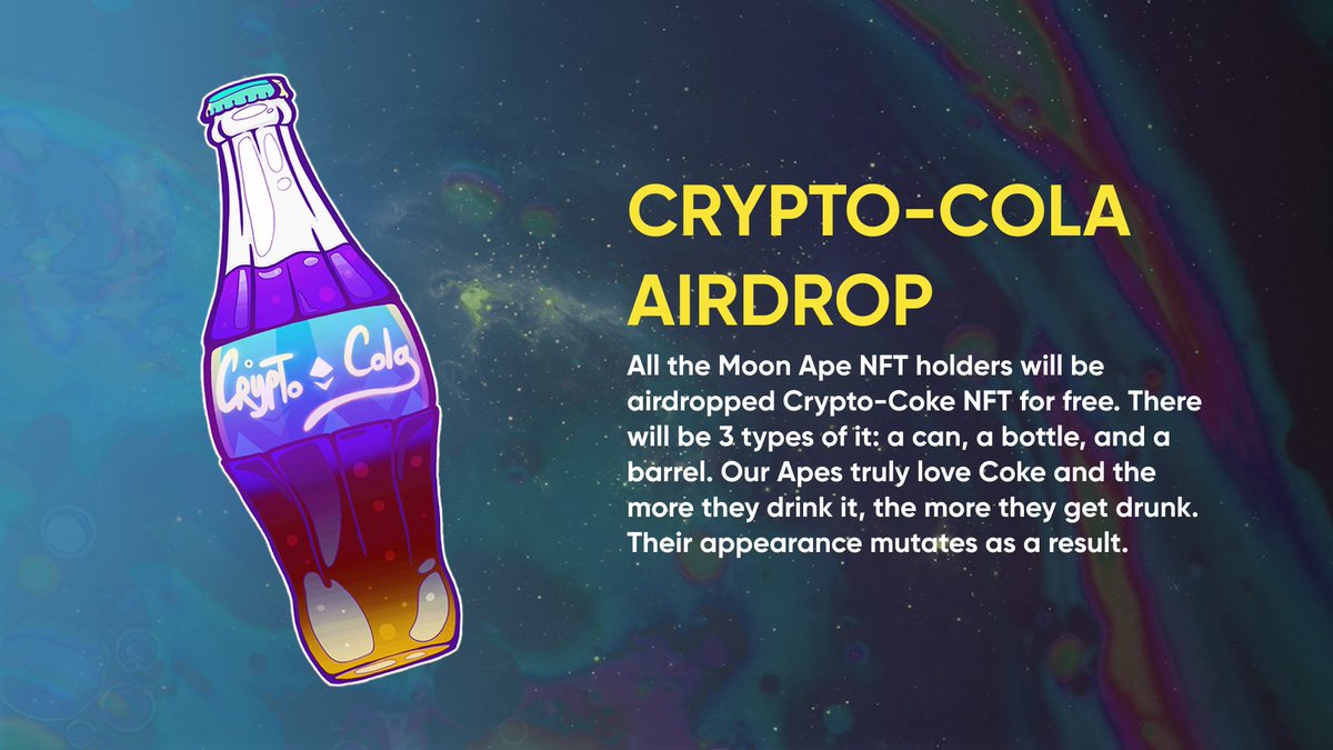 Our Crytpo-Coke NFT collection is going to be AirDropped to all HOLDERS of Moon Ape NFT. Our Apes truly love Coke and the more they drink it, the more their appearance gets mutated 🚀🚀

Join our Discord to get whitelisted: discord.gg/uTRwGzYtuF

#NFTs #NFT #NFTCommunity