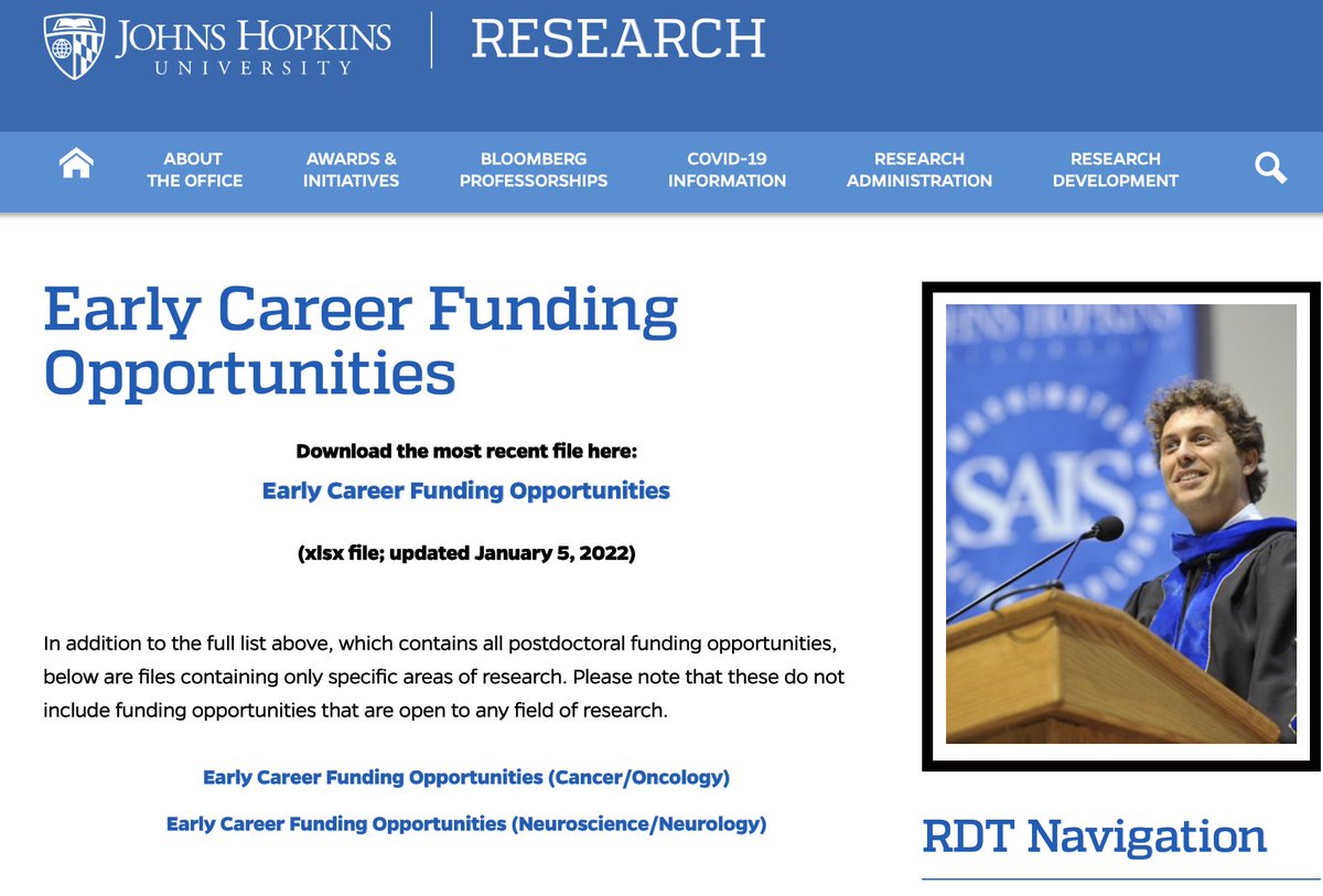 We have identified 555 funding opportunities for early-career researchers in all fields. 

We provide description, amount, deadline, legibility criteria.

Download our comprehensive database here:  research.jhu.edu/rdt/funding-op…