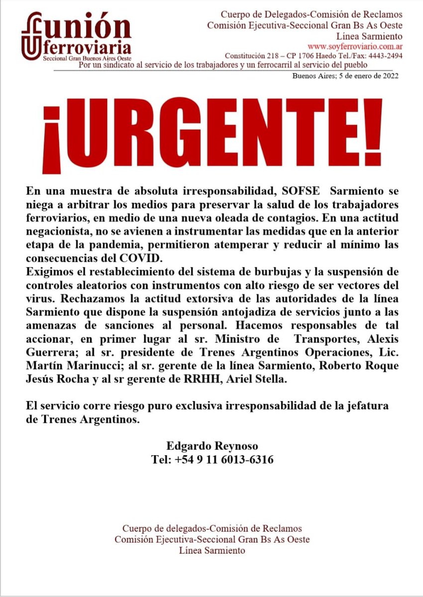 🚨💥#URGENTE

Paro en el Tren Sarmiento: guardas protestan contra los tests de alcoholemia
Trenes Argentinos informó que la medida de fuerza fue tomada por empleados que se negaron a "realizarse los testeos de alcoholemia obligatorios antes de comenzar la jornada laboral
 
#paro