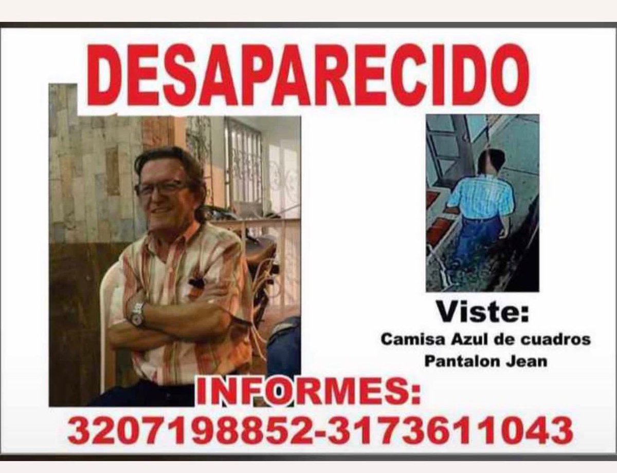 croniquindio's tweet photo. #ServicioSocial | En Armenia, familiares del señor Guillermo Palacio, propietario de Foto Palacio, lo buscan desesperadamente.

Viste camisa azul de cuadros y un jean azul. 

Cualquier información sobre su paradero puede ser suministrada a los teléfonos 3207198852 ó 3173611043. https://t.co/1ffqWZuyVA