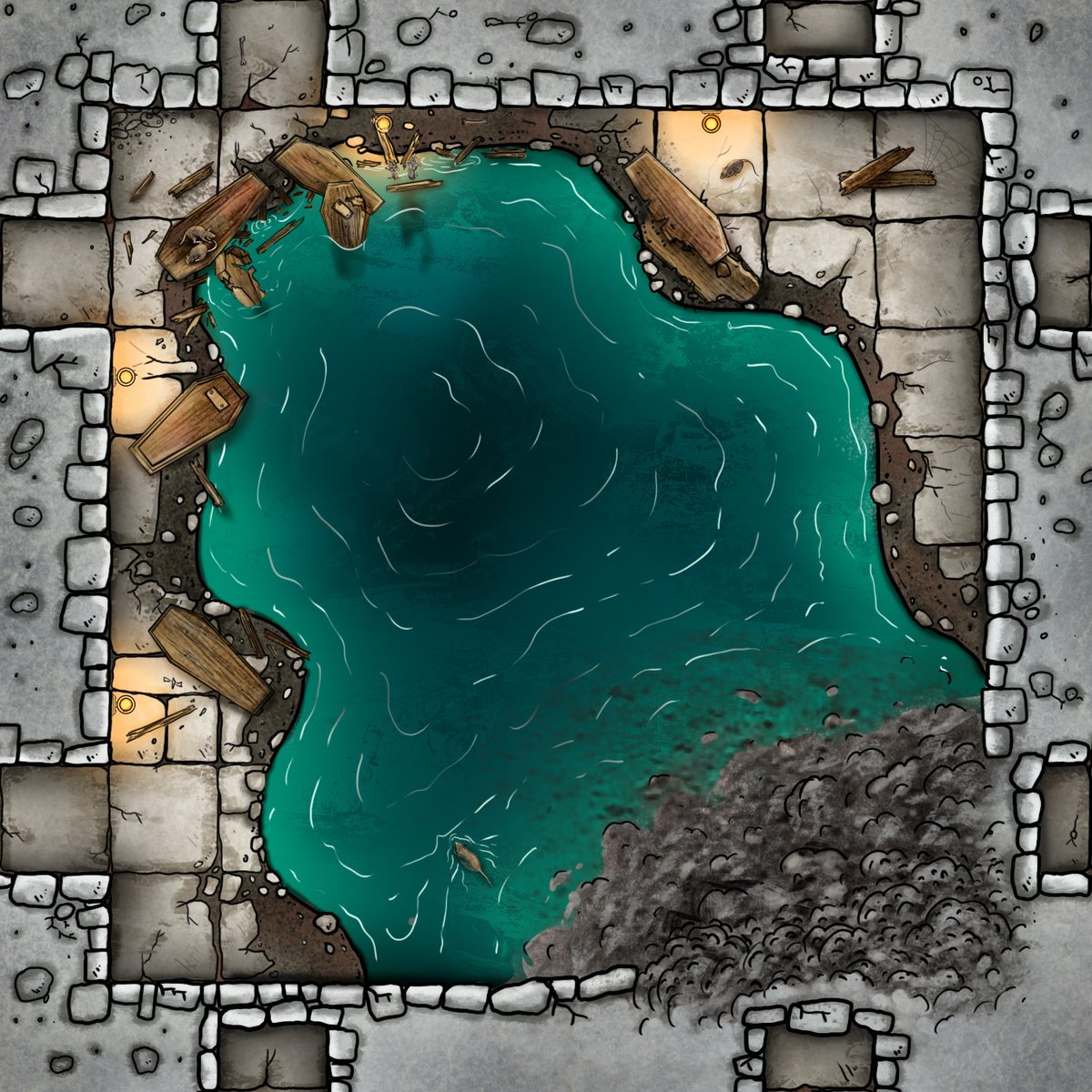 InkwellIdeas's tweet photo. A new crypt #DungeonMorph (modular mini-maps on 1" dice, 2.5" cards, & more) by @AlyssaFadenMaps Here we have a dark waterfall in the crypt! Many of the once neatly arranged coffins are now broken open. Our upcoming Kickstarter launches late this month: https://t.co/dmUahuWpL1 https://t.co/rByqzj83fG