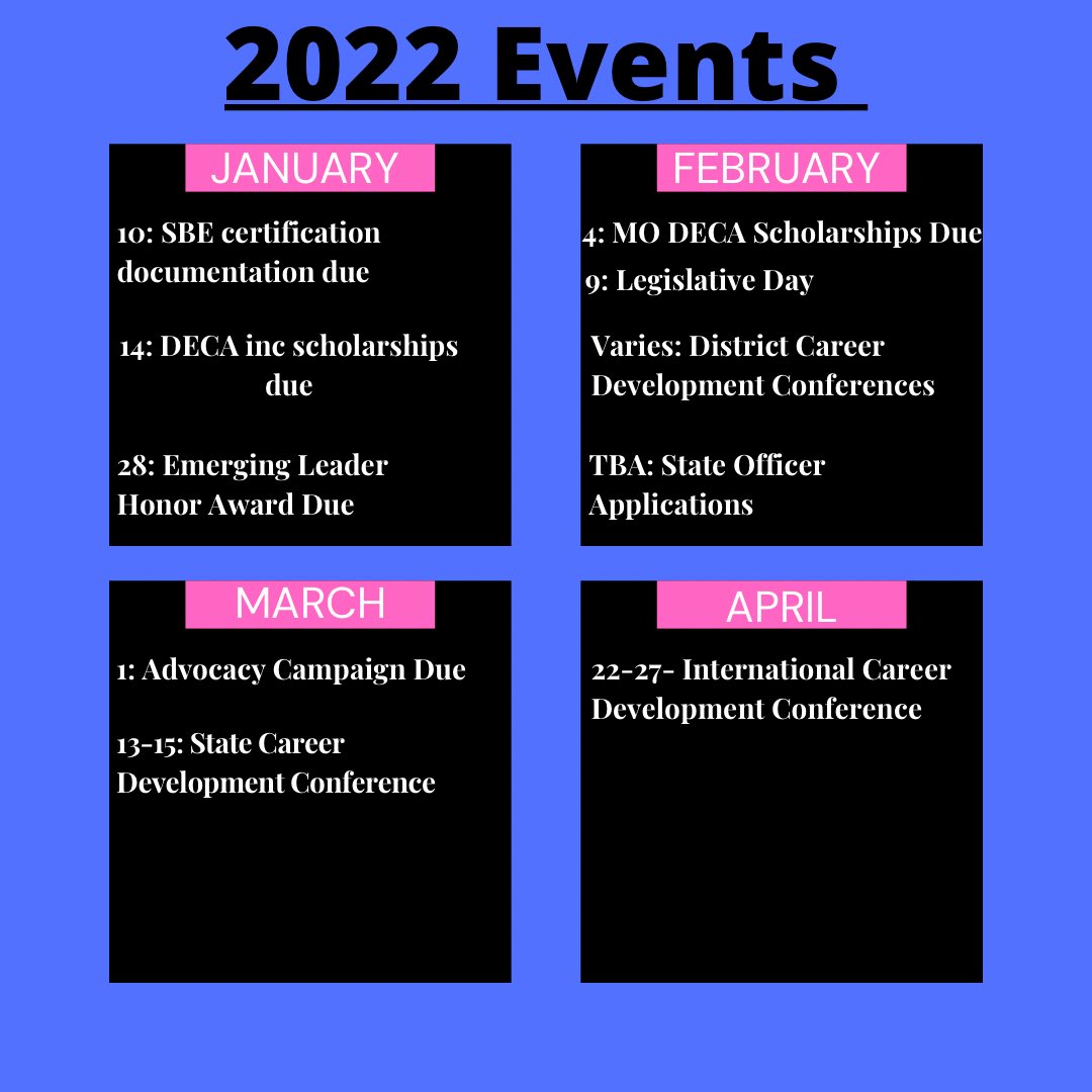 MissouriDECA's tweet photo. Are you ready to #MaximizeYourMomentum in 2022? We hope you mark these dates to be prepared for the rest of your DECA season! https://t.co/knN99DZMf6