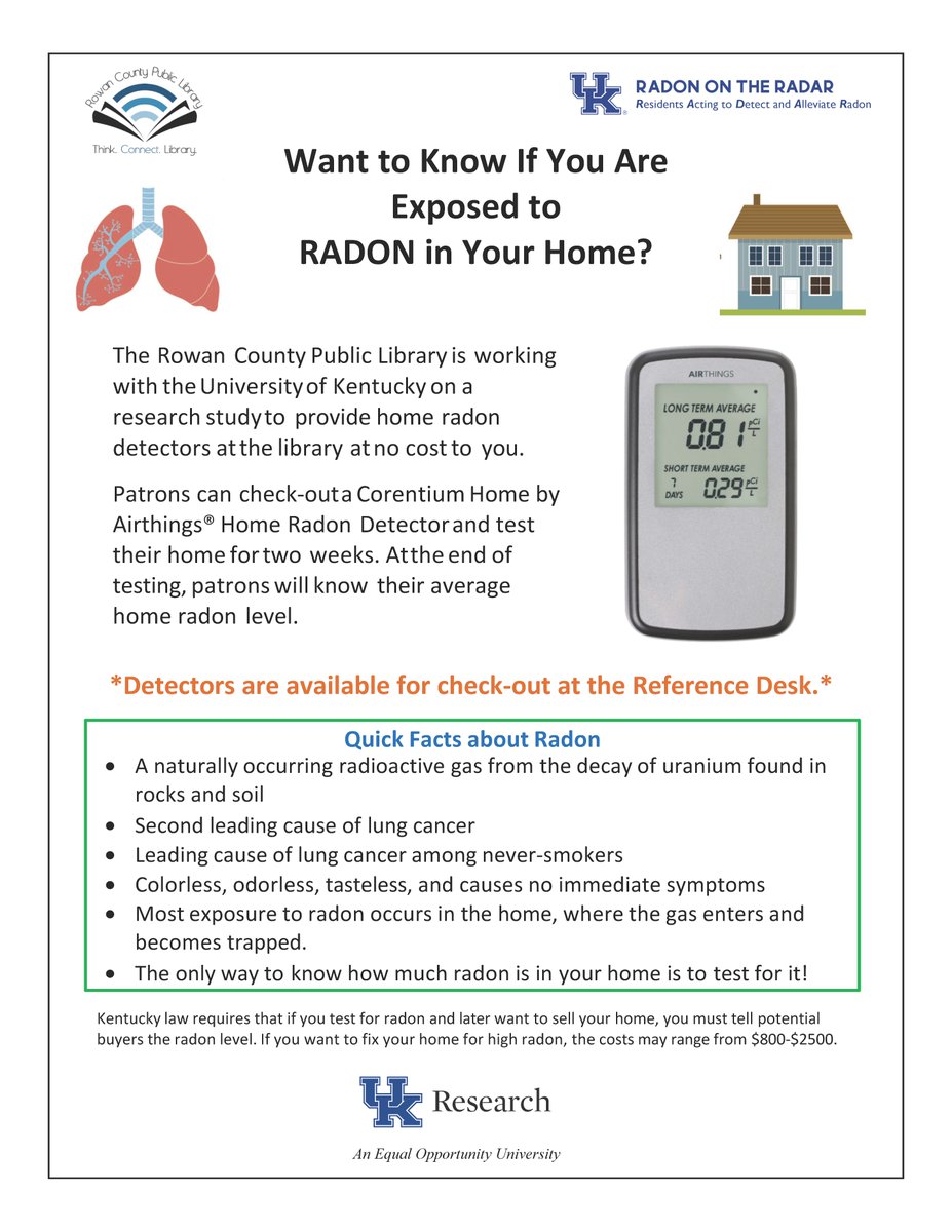 RowanPublicLib's tweet photo. Are you a homeowner in Rowan County? Come check out one of our free radon detection kits, and help your neighbors here at home and across the state by participating in this University of Kentucky program! https://t.co/DoF0RpfC9W