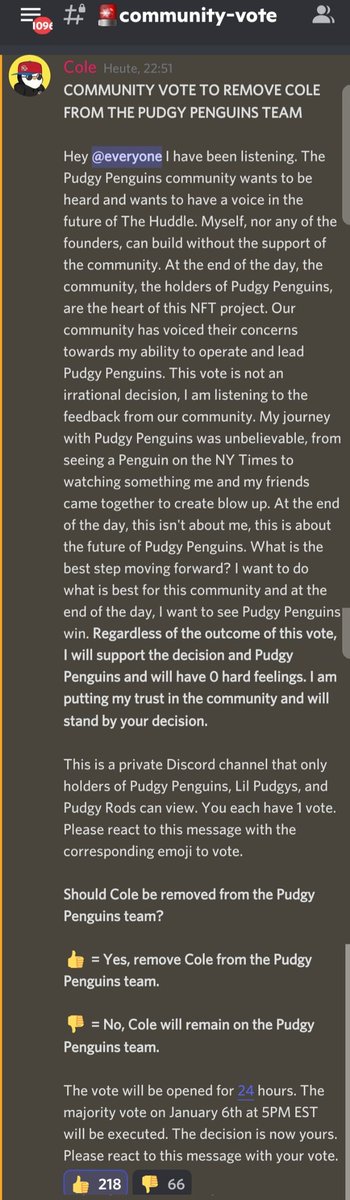 LaaLaa_eth's tweet photo. Hey Pengus, u have to vote NOW.
Let us Kick him out. Do it for the Pengus.
#ByeCole #PudgyPenguins https://t.co/8uLKARjEai