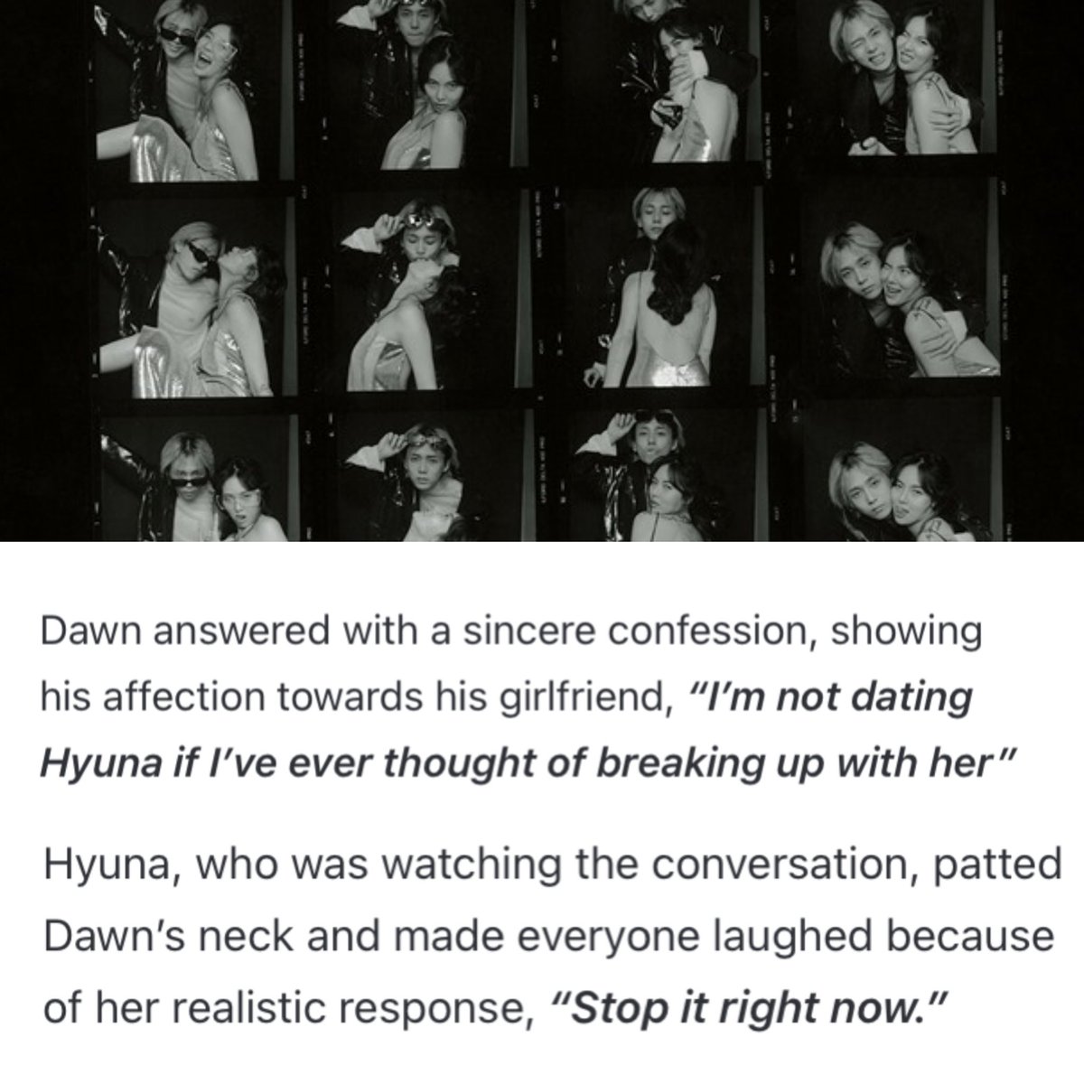 softforhyudawn's tweet photo. when asked what they will do with their instagram photos if they ever broke up, Dawn responded with “i’m not dating HyunA if i ever thought of breaking up with her.” 

HyunA became shy after his answer, telling him to “stop it right now” 💗 https://t.co/eUY5dk4i5e