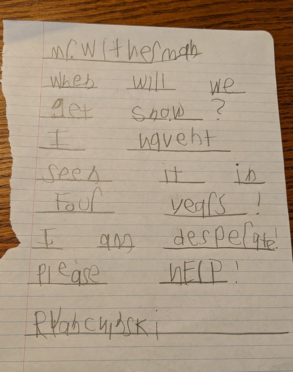 aimeechinski's tweet photo. My 7 year old son Ryan wrote you a note after school today! He's a military brat and has been begging us for snow lately.  We just moved here this summer and he is "desperate" for snow!! Please tell me you have good news for him!! 
@wkycweather @BetsyKling @WintzWeather https://t.co/0Pqh34gRQ3