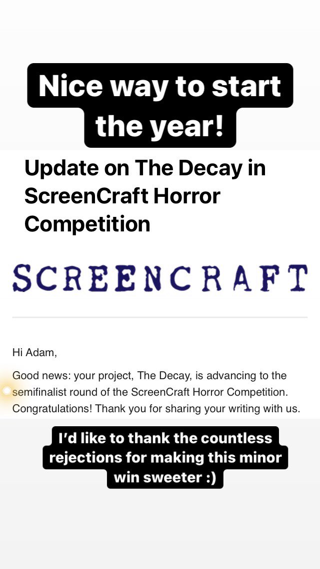 Very excited about THE DECAY being a #semifinalist in the <a href="/screencrafting/">ScreenCraft</a> horror competition!