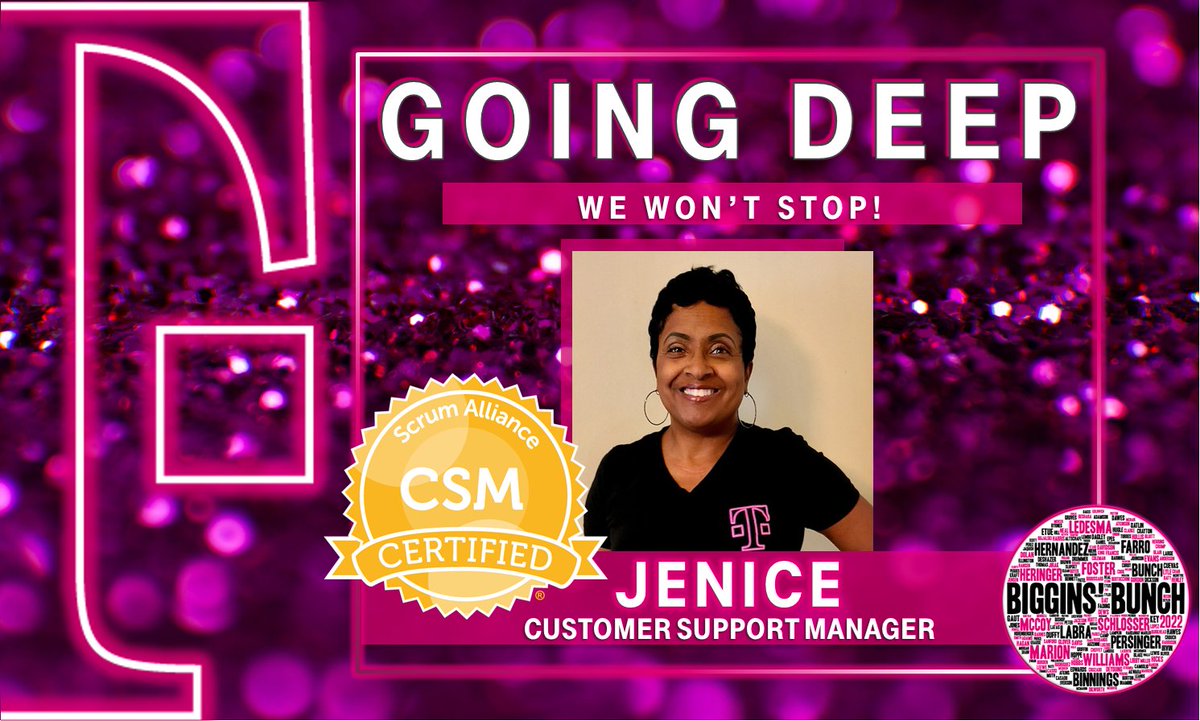 Congratulations Jenice on becoming a Certified Scrum Master! Not only is she CCSP certified, she is now Scrum Alliance CSM Certified and taking her customer passion to a new level! #CustomerObsessed #LoveOurCustomers #FamousForCare #BigginsBunch #DreamBigAndDeliver