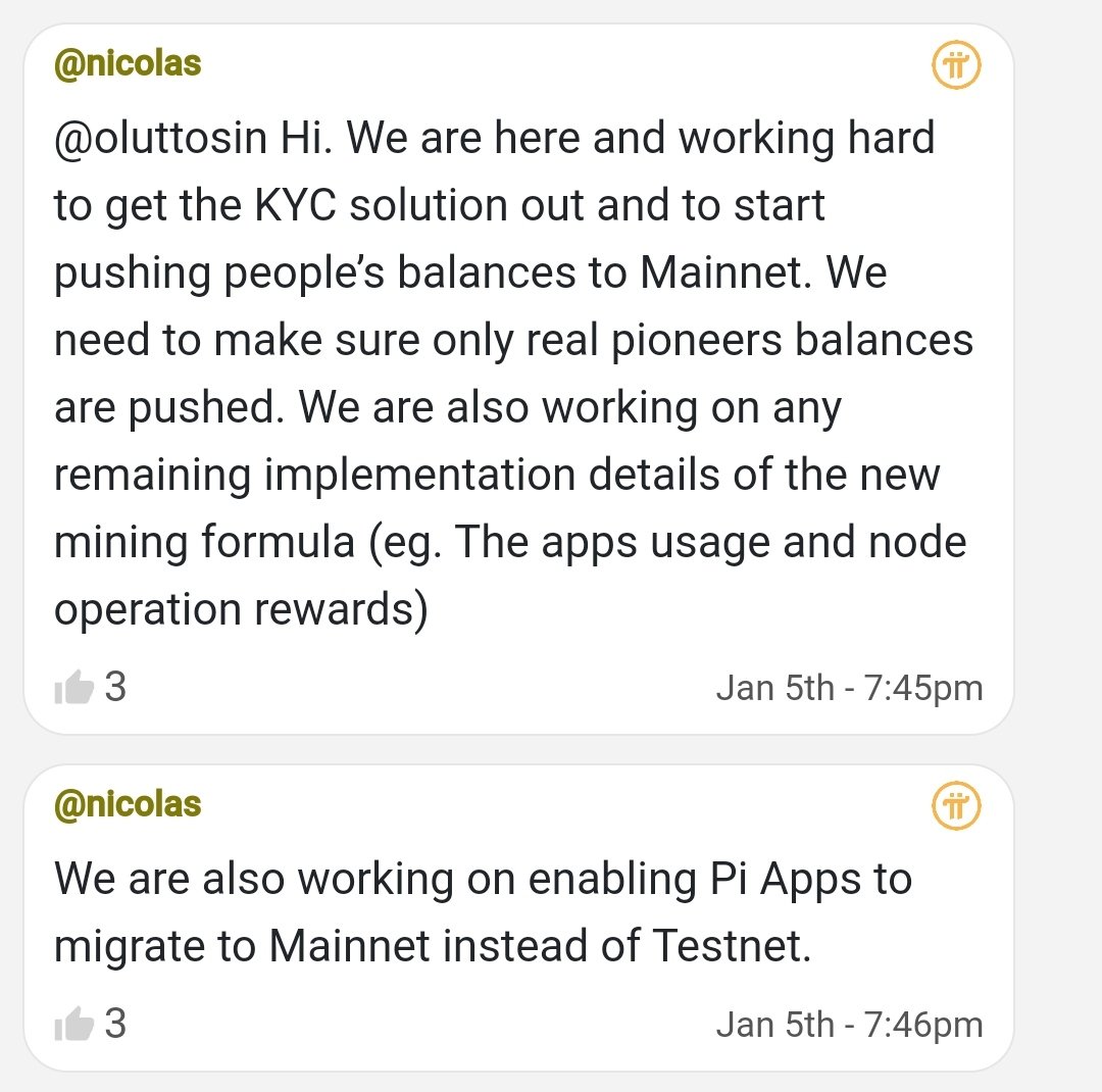 ✍️ Nicolas has spoken. The work on Pi still continues, the CT is working on KYC, getting the utility to mainnet from testnet and hopefully soon start to push balances to mainnet. 

✅ Our Pi group: 
t.me/pinetworkmembe…

#pi #pinetwork #minepi #buildpi2gether #picoreteam