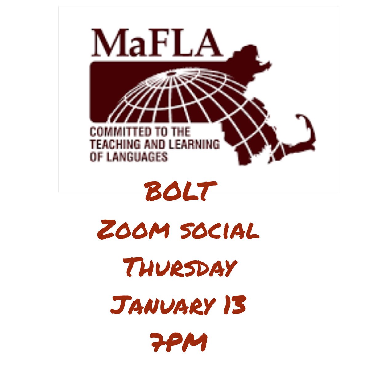ma_bolt's tweet photo. Want to learn more about MaFLA? Ask questions, or just listen in, at our Winter Zoom Social on Thurs, Jan 13 at 7PM with guests from the Massachusetts Foreign Language Association. You’ll also get to catch up with your BOLT friends! Zoom link on BOLT website (link in bio) https://t.co/ZBXc7k5rJM