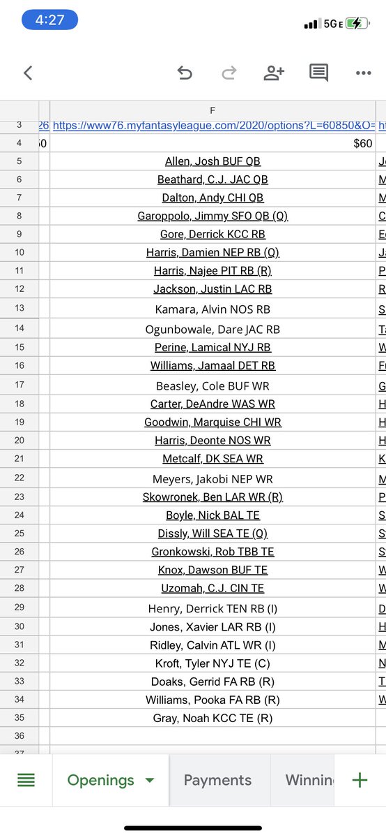 NPowellFF's tweet photo. Are you ready to spice up your fantasy life? League with No Name 2^2 has an opening. Very nice roster, but there will definitely be a dispersal. $60 buy-in. Rookie, FA and Devy Auctions each year. Auction by college conference and NFL division. https://t.co/KkhAaKtJ7u https://t.co/SFshrenkAV