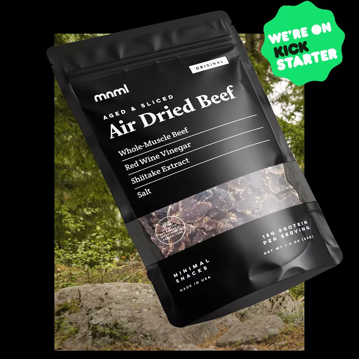 Whole-muscle beef. Red wine vinegar. Shiitake extract. Salt. That's it.

Pre-order on Kickstarter today.