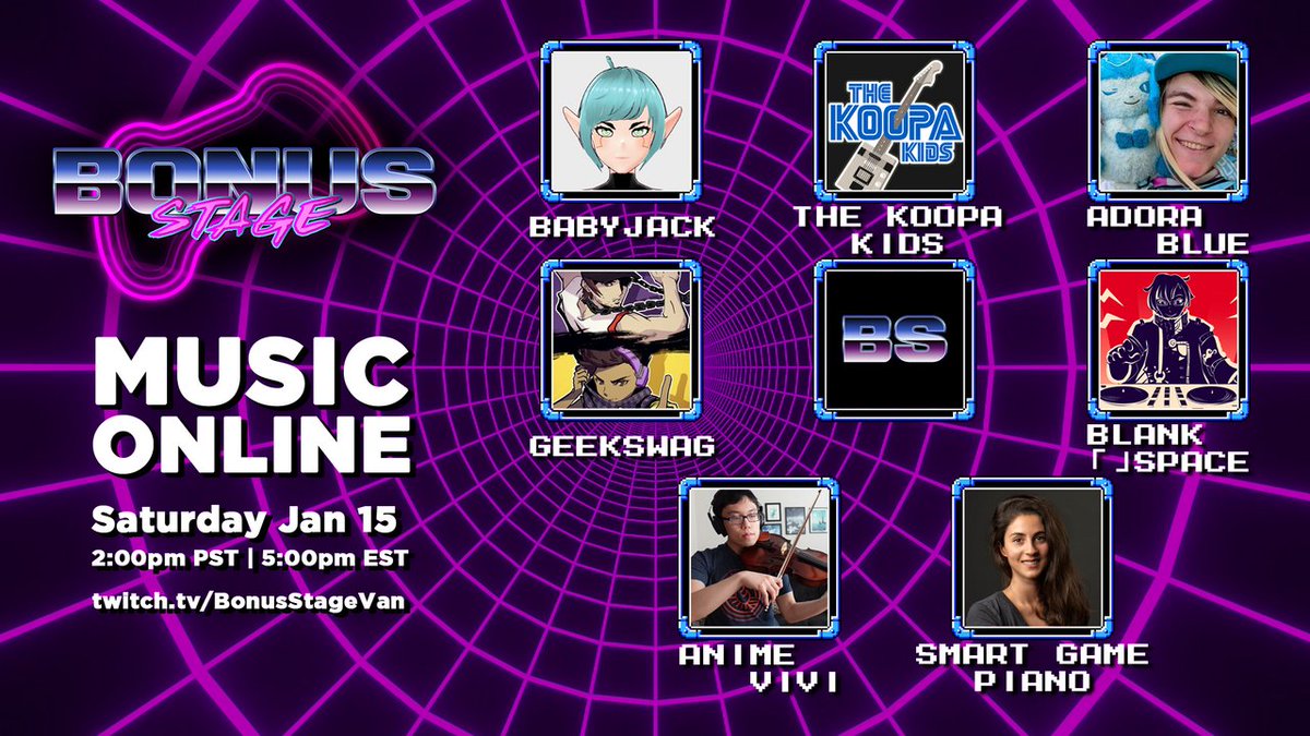 BonusStageVan's tweet photo. We're announcing our next online concert! Jan 15th, get ready to party in your PJs to:

Smart Game Piano
AnimeVivi
Blank「」Space
Geekswag
Adora Blue
The Koopa Kids
and BabyJack

RSVP: https://t.co/mytQNneeOX
or on Facebook: https://t.co/CLtyniIE1s https://t.co/5xta6QH2YI