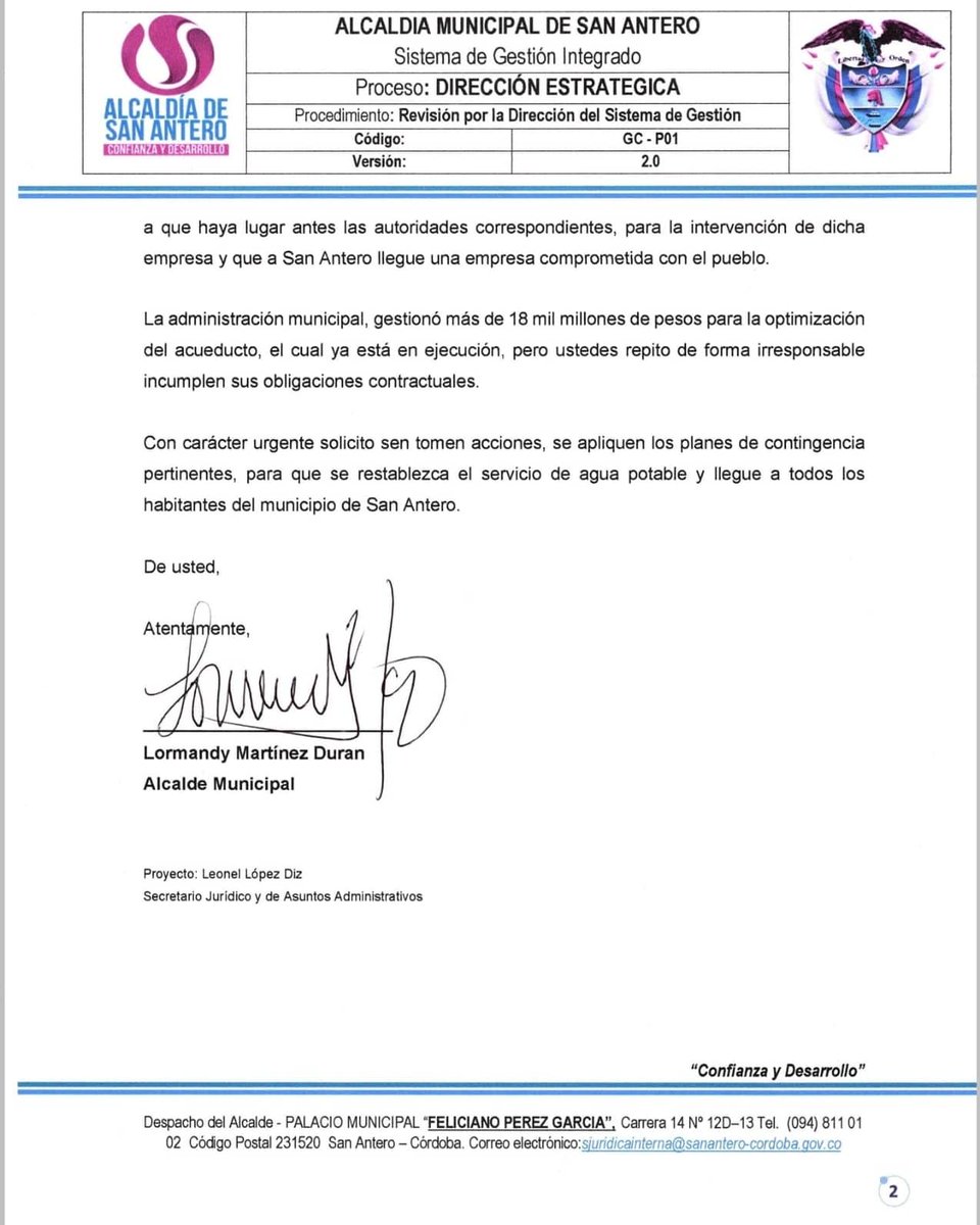 alcaldiaantero's tweet photo. La Administración Municipal en cabeza del alcalde Lormandy Martínez Durán, hace un vehemente llamado a la empresa de servicios públicos Aqualia S.A para que tome  medidas inmediatas que garanticen el suministro de agua potable en el municipio. https://t.co/K0G3TCntWa