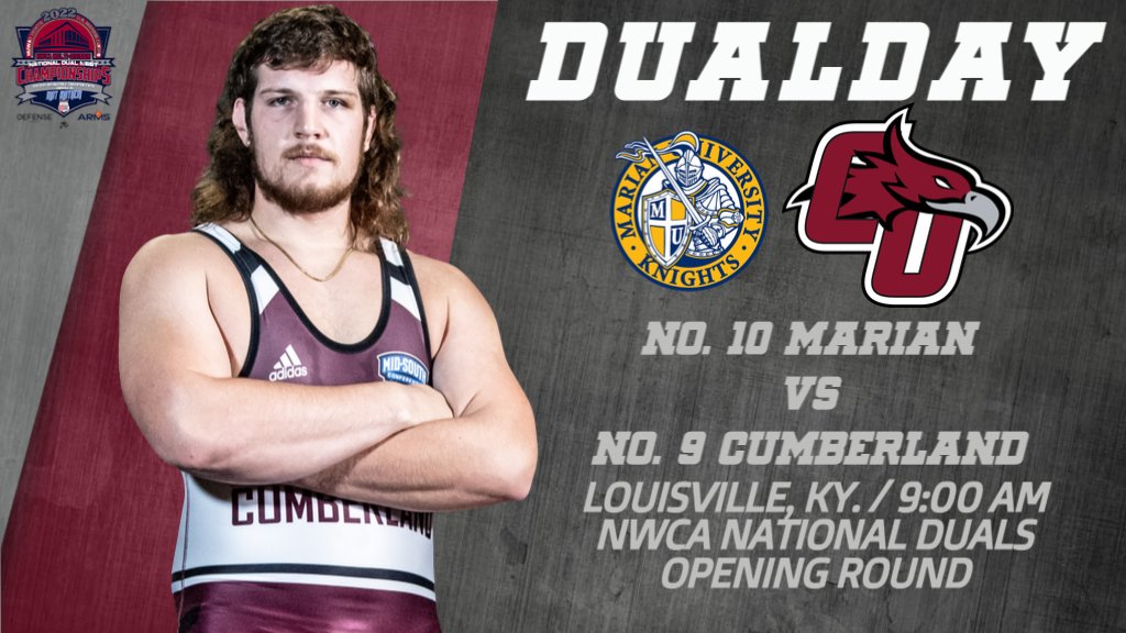 DOES IT GET ANY BETTER THAN THIS? 
<a href="/WrestlingCU/">Cumberland Wrestling</a> opens the NWCA National Duals against No. 10 Marian! #LETSGO
🆚 <a href="/MUKnights/">Marian Knights</a> 
📊 bit.ly/3qV1q1c
📺 bit.ly/3JND2HF