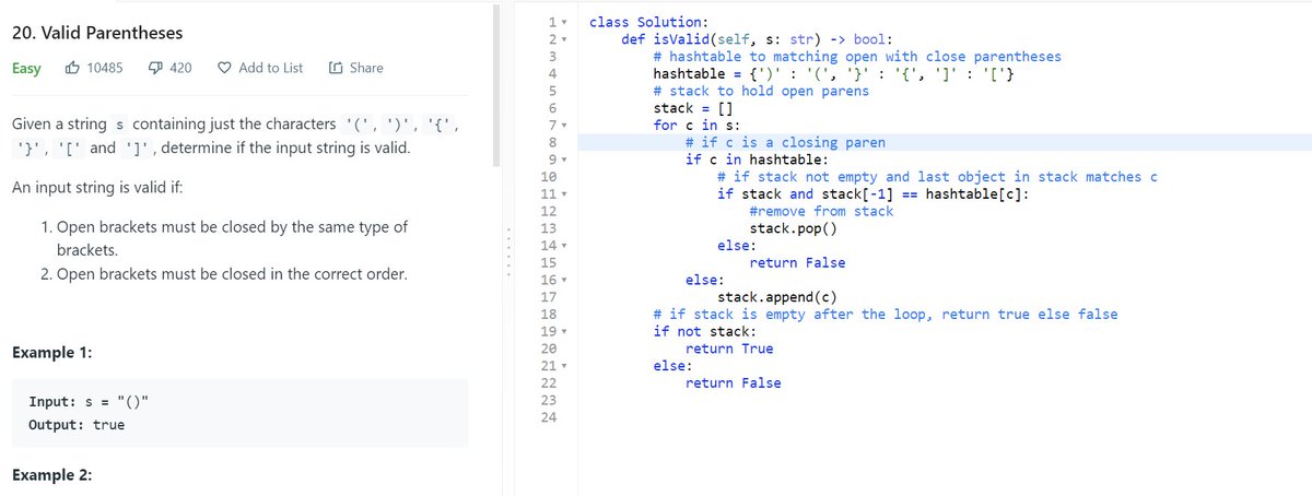 zenemm_'s tweet image. Todays problem - leetcode 20:
Had to go to youtube to figure this one out, learned how to use a stack data structure - basically appending the stack for an open parentheses and popping from the stack for a matching parentheses.
#codesolution