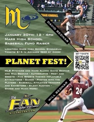 MarsHSBaseball's tweet photo. Super excited for this!!! This is a “must” for any young baseball fan in the area!!!
@david_bednar
@bednar_will
@937theFan
🗓Sunday January 30th
📍Mars HS
#PlanetFest https://t.co/IhdG6Pz2z8