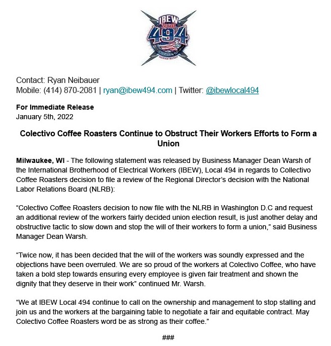ibewlocal494's tweet image. Support the workers of the Colectivo Collective and sign their petition to stand in solidarity with their efforts to collectively bargain their first contract. Sign here: bit.ly/ColectivoWorke… #UnionYes #IBEWStrong #UnionCoffee #ColectivoCollective