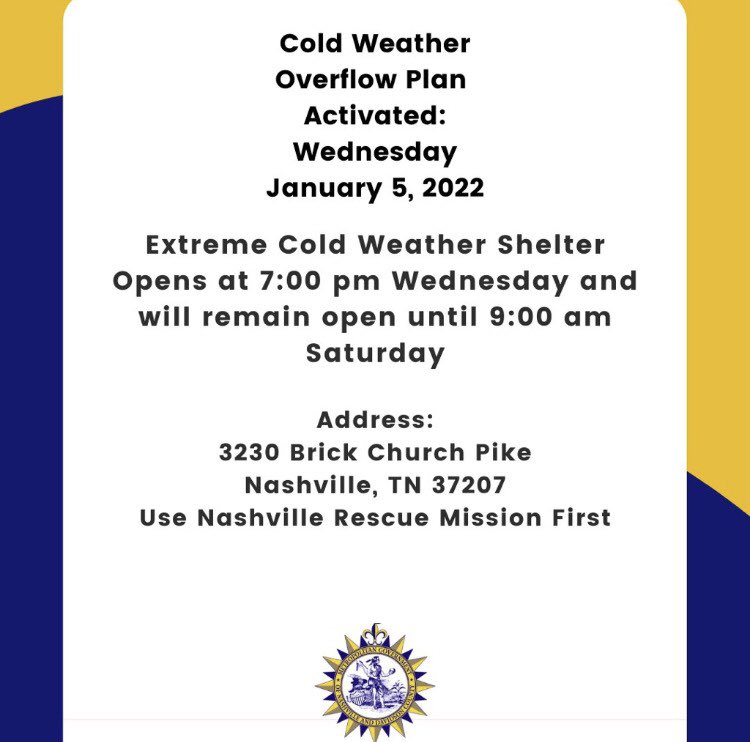 JohnCooper4Nash's tweet photo. Tonight, Jan. 5, Metro will open the Extreme Cold Weather Shelter at 3230 Brick Church Pike at 7 p.m. and remain open until 9:00 a.m. Saturday, Jan. 8. Guests are asked to use @roomintheinn and @NashvilleRescue first. People with pets are welcome. https://t.co/Q5JDH47sqS
