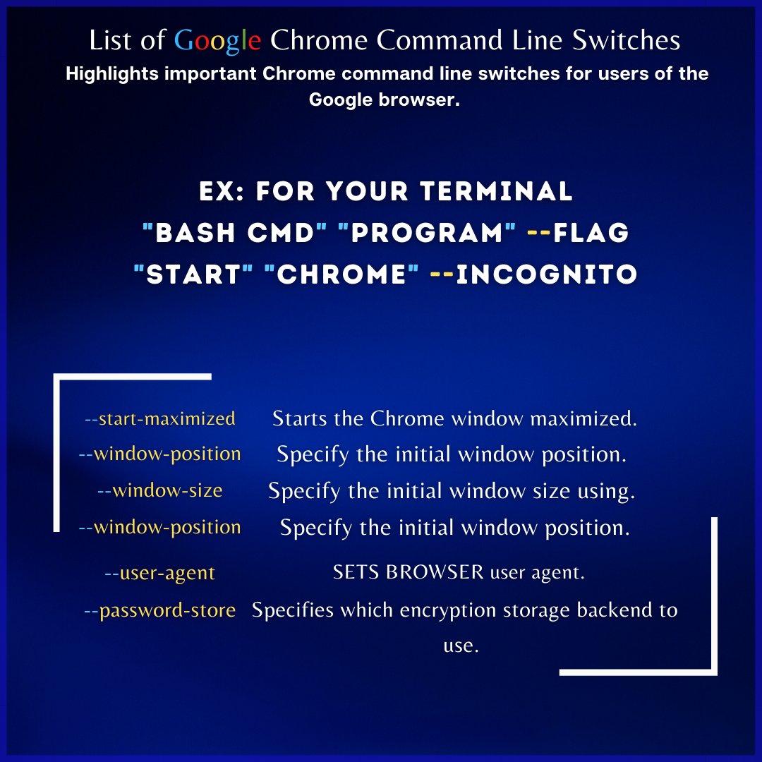 Simeon Reece on X: "List of Google Command Line Switches 👩‍💻 Follow  @reececode 🖥️ https://t.co/FV0XQ6BX9g #coding #codingisfun #codinglife # Google #googleworkspace #javascript #Java #CSS #pythonprogramming #NodeJS  #programming #Vue #Apache #HTML5 ...