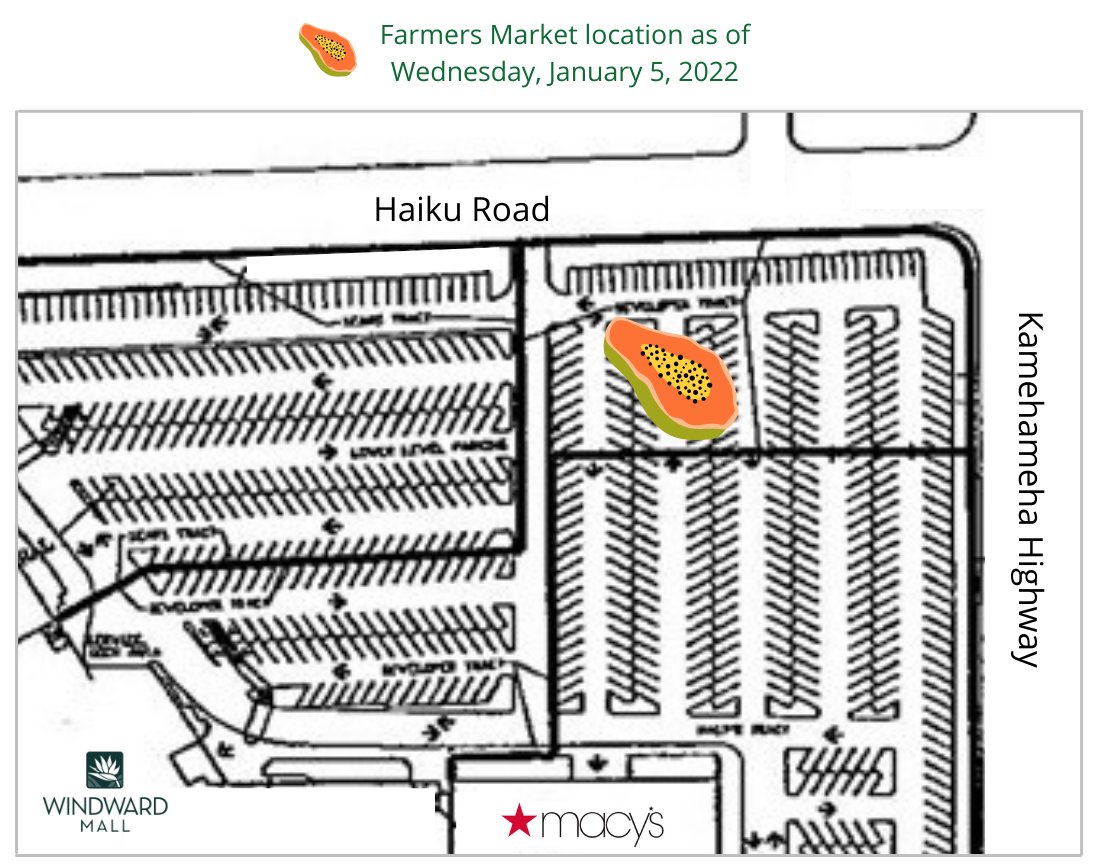 The Windward Mall Farmers Market is relocating to the parking lot at the corner of Haiku Rd. and Kamehameha Hwy. starting Wednesday, 1/5/22. Wednesday | 2PM – 6PM Sunday | 8AM – 12PM windwardmall.com/events/farmers…