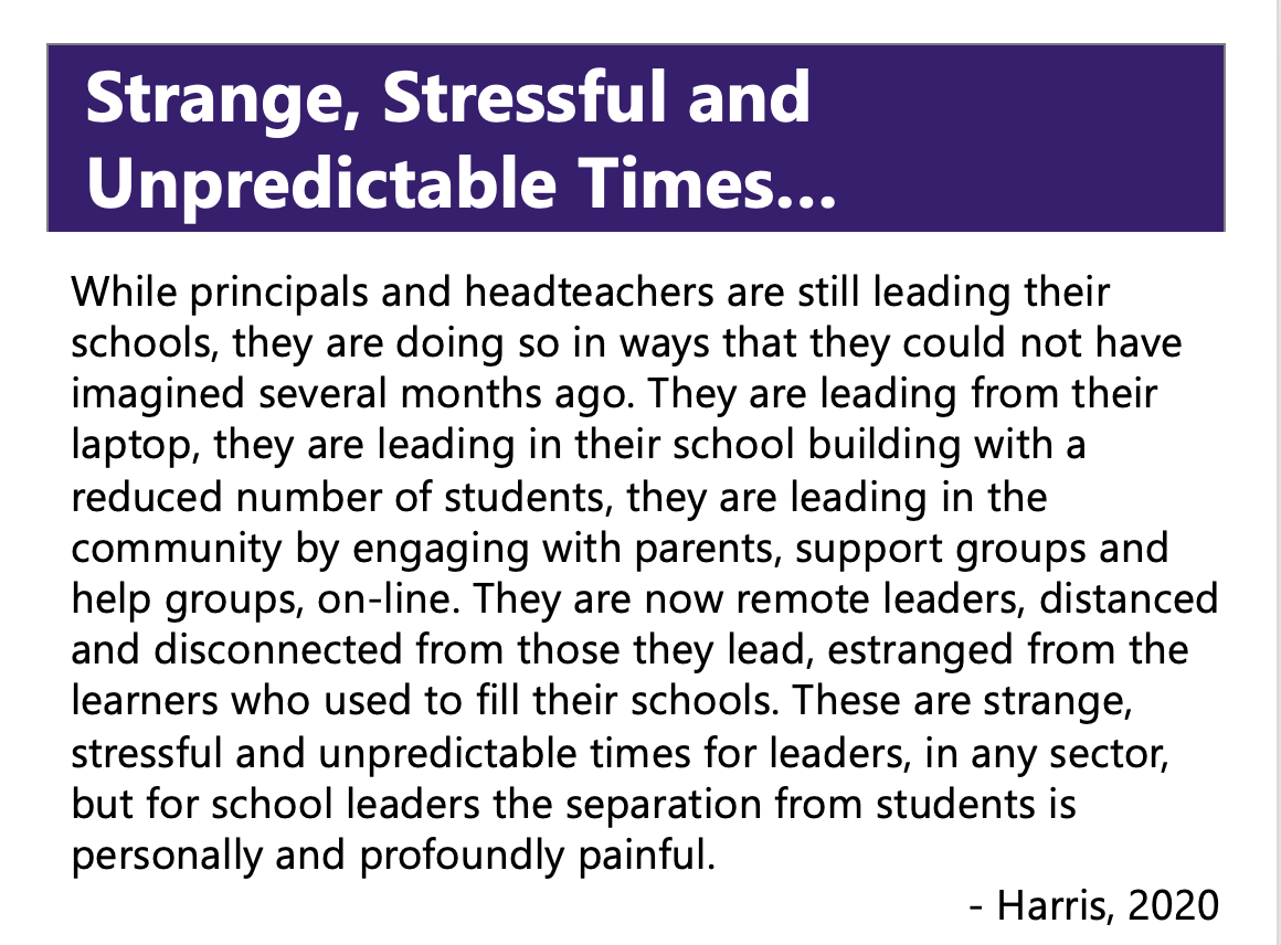 DrKatinaPollock's tweet photo. When discussing strange, stressful & unpredictable #times, Harris (2020) states “for #school #leaders the separation from #students is personally and profoundly painful” @BCPVPA
#Administration #EdLeadership #Leadership #Policymakers #Practitioners #PrincipalTimeUse #Researchers https://t.co/k4b6Aq9I9L