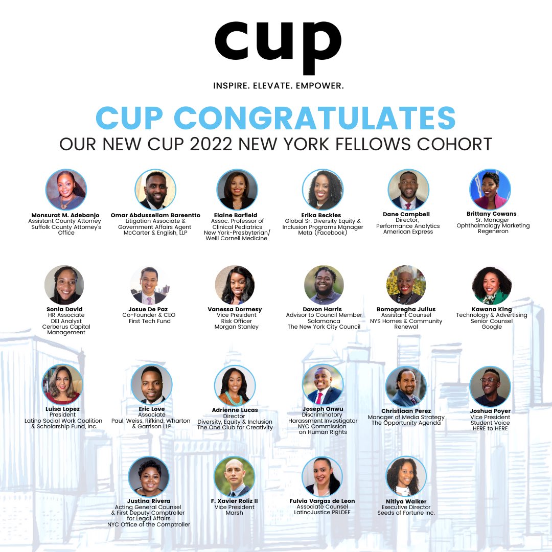 CUPUSA07's tweet photo. CUP Congratulates our new CUP 2022 New York Fellows Cohort!
Please help us welcome this esteemed group of diverse professionals as we enter into our 15th Year as a organization! https://t.co/lqGJDwFwN1