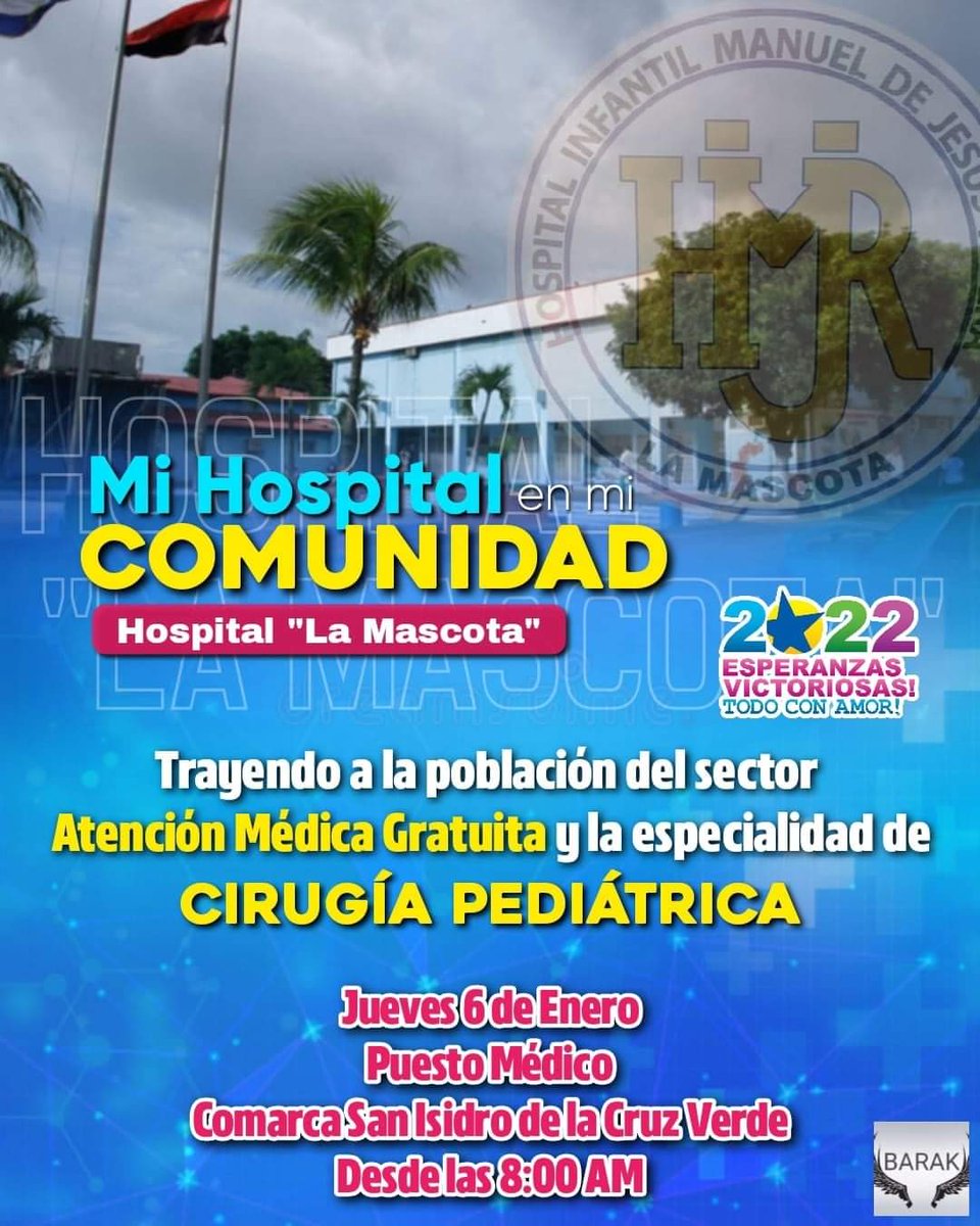 Con nuestro buen Gobierno Sandinista se garantiza Salud gratuita y de calidad en este #2022EsperanzasVictoriosas y el 6 de enero, estará MI HOSPITAL EN MI COMUNIDAD con atención en Cirugía Pediátrica en San Isidro de la Cruz Verde #UnidosEnVictorias 
<a href="/Atego16/">@🅰🆃🅴🅶🅾 🇳🇮</a> @IndiraVargas97