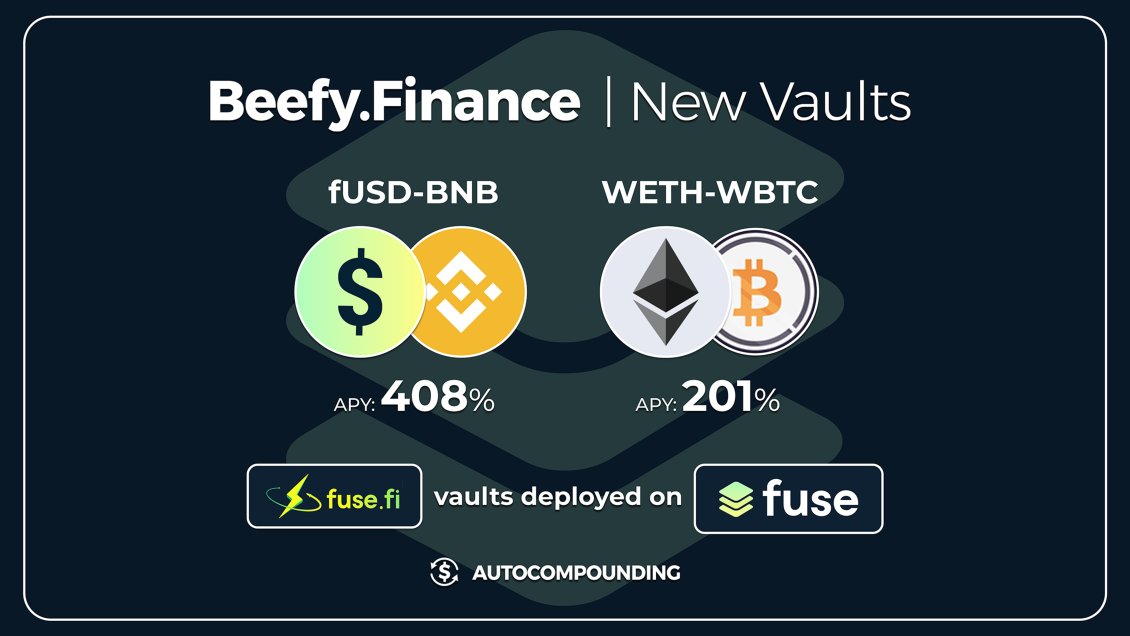 Beefy is kicking off the #Fuse Network launch with @Fuse_Fi autocompounding vaults.

⚡ $fUSD - $BNB LP: 408% APY

⚡ $WETH - $WBTC LP: 201% APY

app.beefy.finance/#/fuse

#BTC #ETH #BNB #SAFU