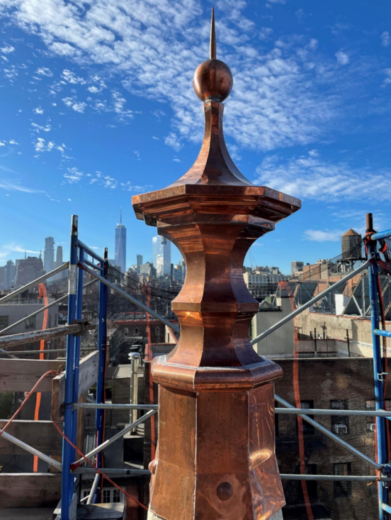 TheVillageSun's tweet photo. Church facade restoration in-‘spires’ as missing copper finials are replaced on W. Fourth St. https://t.co/788KnuVsQM https://t.co/8Z3vDlRcxy