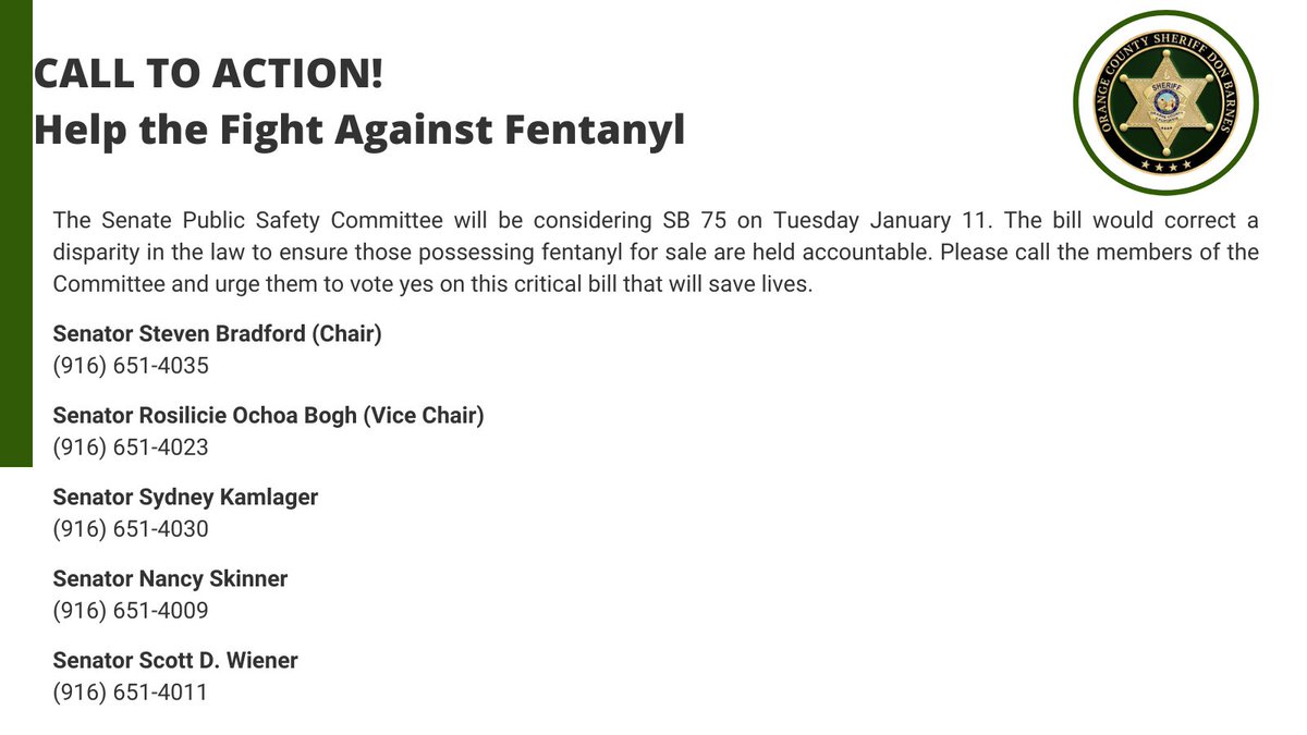 OCSheriffBarnes's tweet photo. Help us in the fight against fentanyl. Next week the Senate Public Safety Committee will consider an important piece of legislation authored by @SenatorPatBates and sponsored by @OCSheriff. Please call the committee members and urge them to vote yes on this critical bill. https://t.co/W74UiqvZxQ