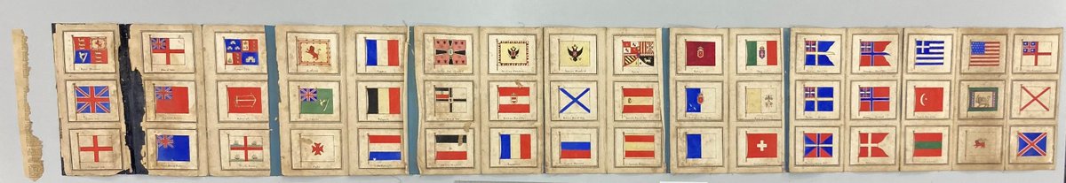 AWMemorial's tweet photo. #AWMConservation This WW2 hand-painted fold-out book of ship flags was created by Flying Officer James George Cowan-Hunt. He went on to serve with 459 Squadron, but died in a flying battle in the Middle East on 30 June 1942. See Item: PR05333 #ConservationConversation #paperlab https://t.co/mjTnM0aZxt