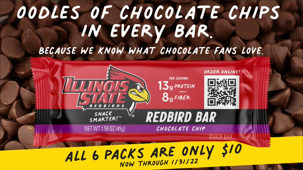 Packed with delicious chocolate chips in every bar, because we know what chocolate fans love. #redbirdbar #snacksmarter #illinoisstate