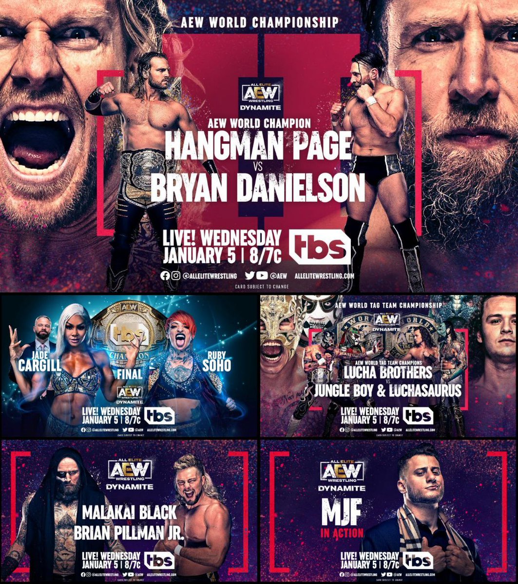 #HoyEnDynamite

- Hangman Page (c) vs Bryan Danielson| Campeonato Mundial de AEW

- Jade Cargill vs Ruby Soho | Campeonato TBS

- Lucha Brothers vs Jurassic Express | Campeonatos por Parejas de AEW

- Malakai Black vs Brian Pillman Jr.

- MJF en acción

#AEWonTBS #AEWDynamite