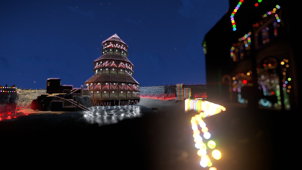 RPBebina's tweet photo. Merry Rustmas! We got raided twice while building this masterpiece, but Christmas must endure. We kept farming and defeated the little Grinches. We wanted to do fireworks for our pictures, but they stopped going off (too many lights). Enjoy! #Rustmas2021 https://t.co/kD6zrkEStu