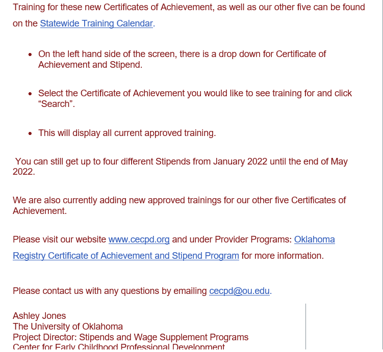 ccrctulsa's tweet photo. Email from CECPD: We are pleased to announce the launch of our two new Certificates of Achievement and Stipends:
Better Business in Family Child Care Certificate of Achievement &amp; Stipend
Healthy Children in Child Care Certificate of 
Achievement &amp; Stipend 
https://t.co/2omZczg9UF https://t.co/lUFNqIGGPl