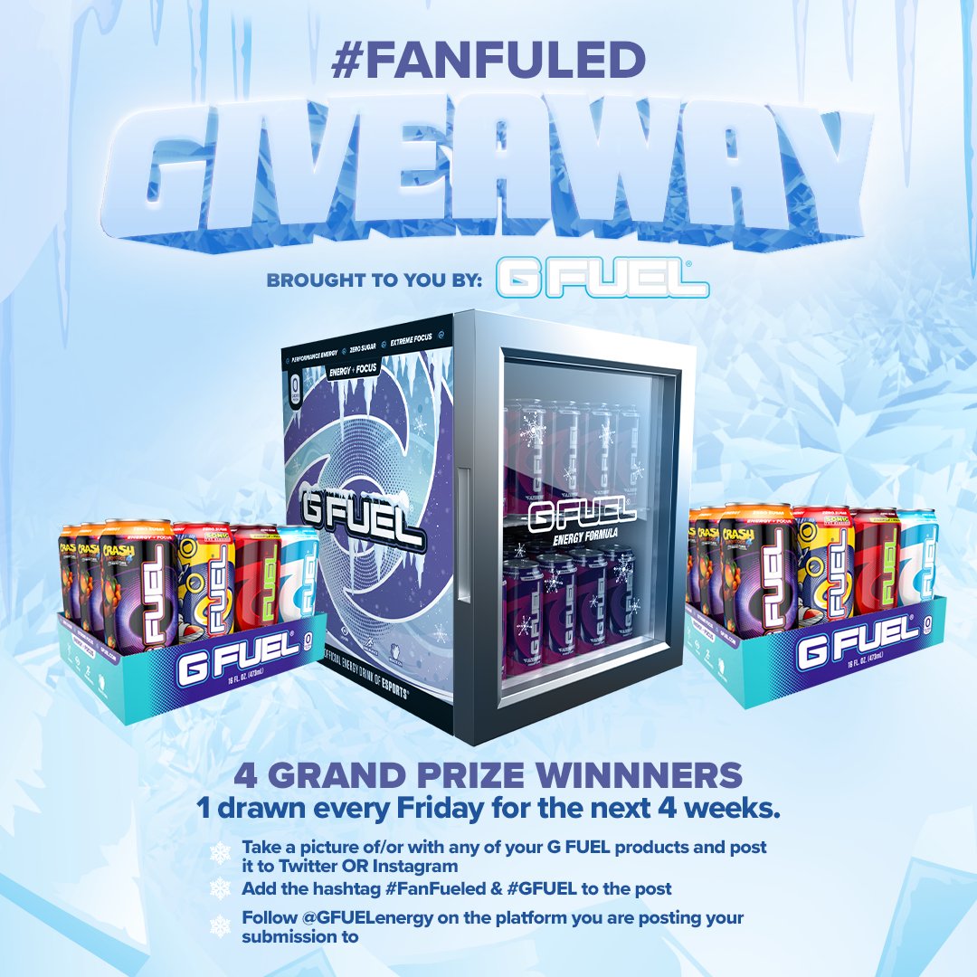 GFuelEnergy's tweet photo. 🥶 𝐆𝐈𝐕𝐄𝐀𝐖𝐀𝐘 𝐀𝐋𝐄𝐑𝐓 ☃️ 

🗣️ MONTH 4 OF #FanFUELED IS HERE, FOLKS! And to celebrate, we're GIVING AWAY an ICED-OUT #GFUEL FRIDGE every Friday for the next 4 weeks!!!

🔎 Peep the deets on the flyer, follow the rules and good luck!

❗ 𝐑𝐔𝐋𝐄𝐒: https://t.co/nKUQqPF8bP https://t.co/N4Qs6EcdqO