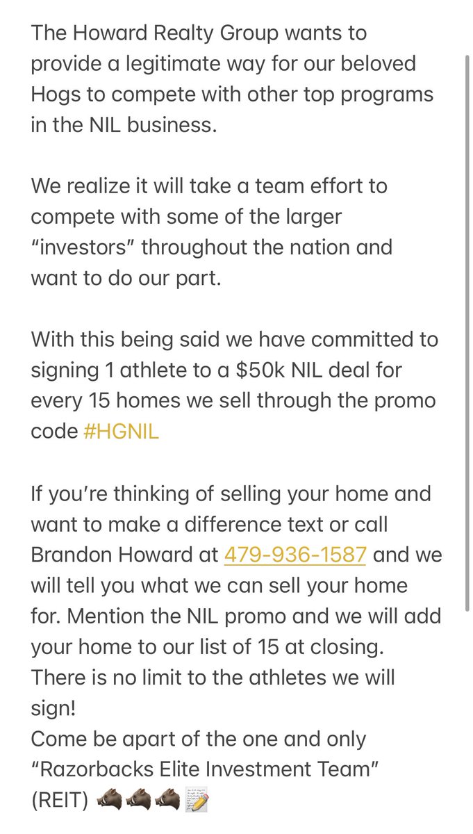 BrandingHoward's tweet photo. I don’t want to see Arkansas get beat out in the NIL game. We need real possibilities to come together as a fan base and compete with the best of them. 
The Howard Realty Group will be creating unique way to provide value to the community and the student athletes through NIL… https://t.co/BjBg0ySMvu