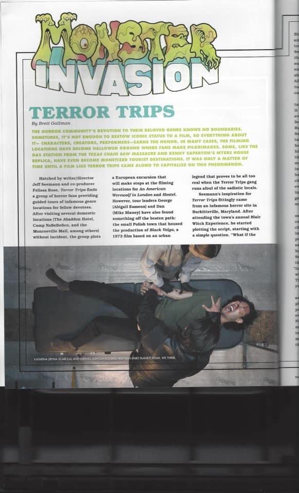 A movie I helped produce (and do a lil thing in) alongside my Noo Yawk sister @Felissa_Rose got a lovely 3 page write-up by @brettgallman in @FANGORIA. So if you were on the fence about checking out the issue, get off of it before you hurt yourself. @JeffFromOhio’s TERROR TRIPS!