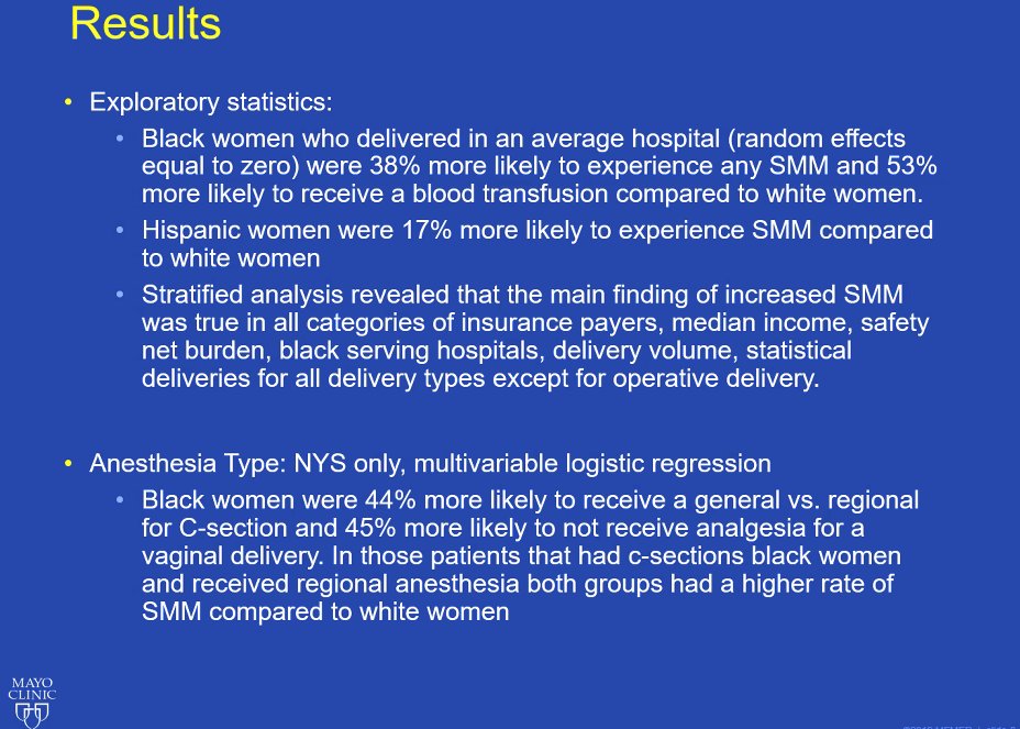 emilysharpe's tweet photo. When adjusting for patient- and hospital-level confounders, Black women who were treated at an “average” hospital (whose random effects values are equal to 0) were 38% more likely than white women to experience any SMM (aOR: 1.38, 95% CI 1.35–1.41)
#OBAnes #MayoAnesJC #AnesJC https://t.co/GwUISYhAml
